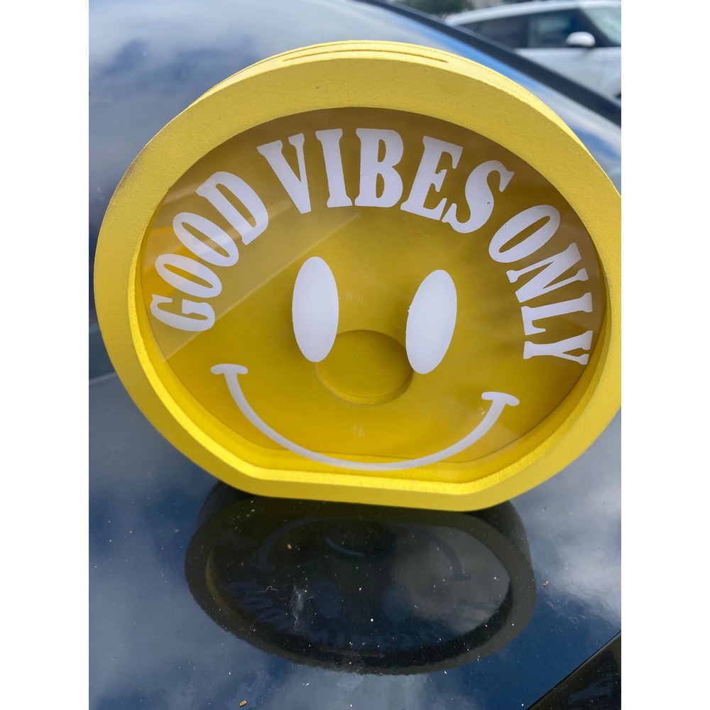 Yellow Good Vibes Only Smiley Face Wooden Piggy Bank Coin Jar Decor